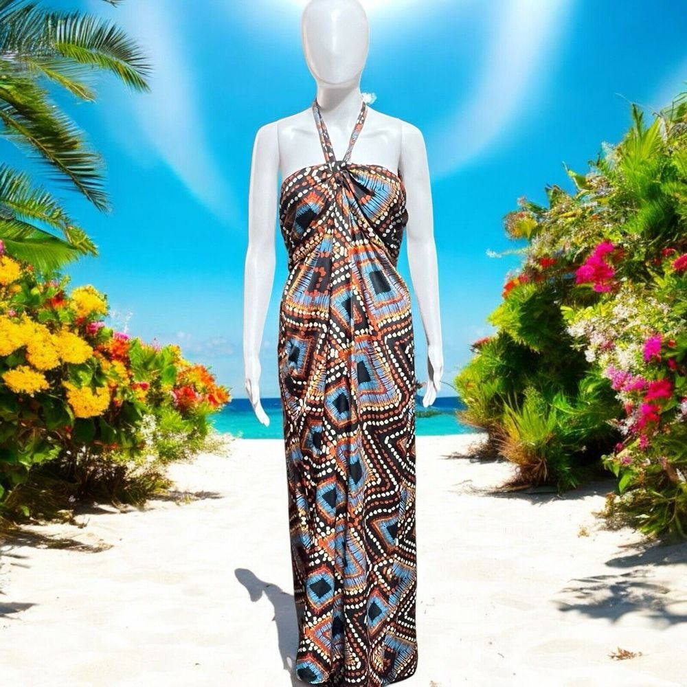 Geometric Print Halter Maxi Dress